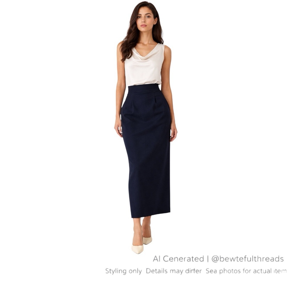 Vintage Wool High Waist Navy Maxi Pencil Skirt 26” XXS